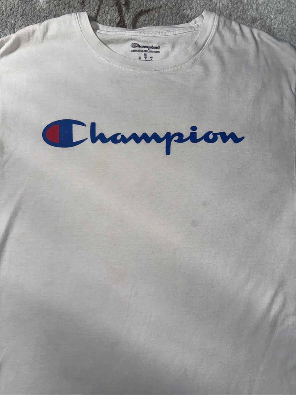 Champion White Short Sleeve Tee with Blue & Red Logo